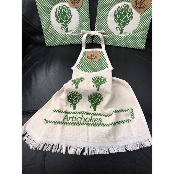 Vtg 1970's Set Of Three Artichoke Kitchen Works B & D Dish Towel 2 Matching Pot - Picture 3 of 10